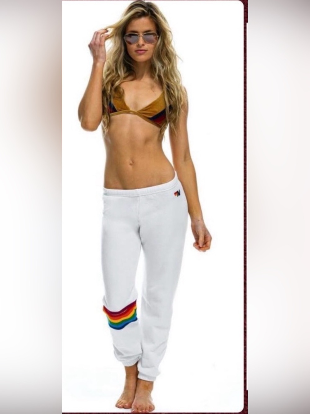 Aviator Nation White Womens Sweatpants with Rainbow Stripe